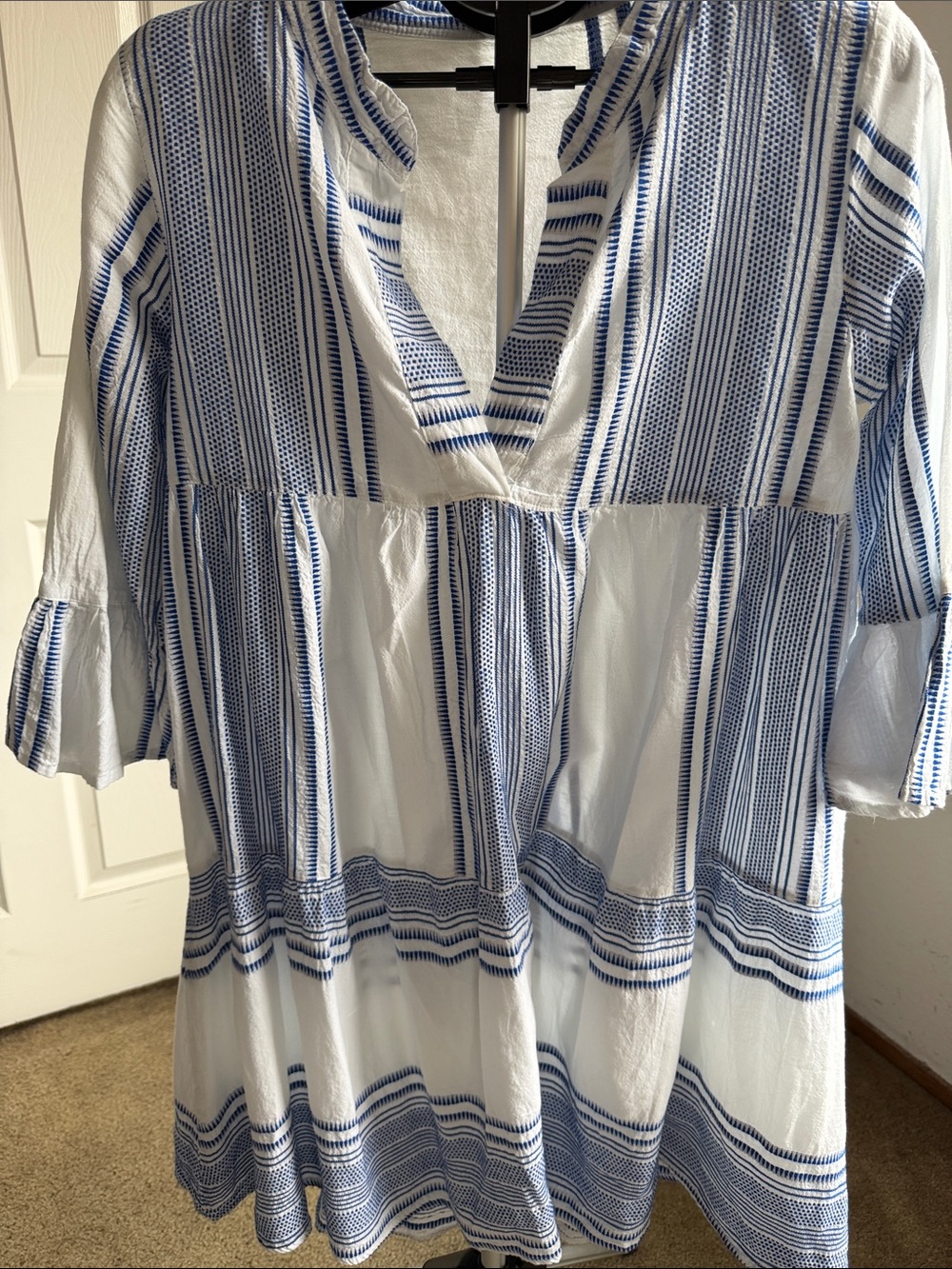 Domna Bagioka 100% Cotton White and Blue Striped V-Neck Women's Dress L/XL